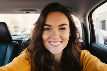 Fototapeta na wymiar In-Car Radiance: Brunette's Selfie Glow