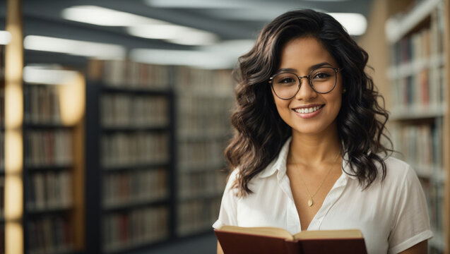 Photo of smiling latina businesswoman holding book with library background, world women's day