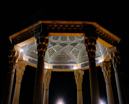 Shiraz, Iran - 06.26.2023: The Tomb of Saadi, commonly known as Saadieh, in Iran Shiraz at night.