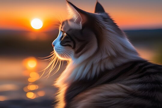 Back view portrait of a sitting cat against sunset background, background image, generative AI