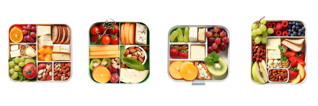 Set of Bento box lunch of fresh fruits, nuts, cheese, and other heatly food options. school, work, home, gym, diet, isolated on transparent or white background