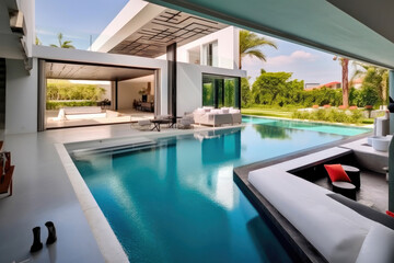 Fototapeta premium Travertine Elegance: Modern Villa with Sunken Sofa and Cityscape