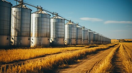 Fototapeta na wymiar Cereal storage silos in a rural field