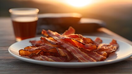 Crispy bacon strips on a plate against morning sunrise, background image, generative AI - obrazy, fototapety, plakaty