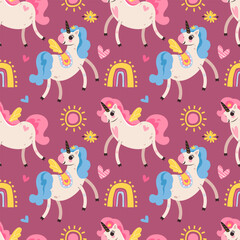 Seamless patterns with cute magical unicorns and rainbows. Vector illustration