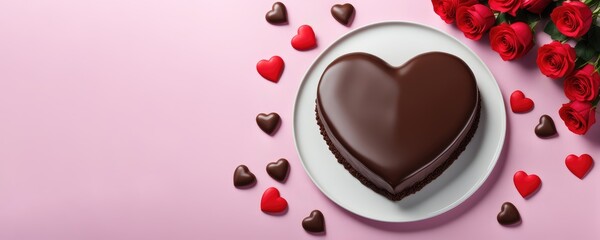 Heart shaped chocolate pie on white plate. Peanut cake with chocolate topped on pink background....