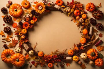 Thanksgiving wreath with pumpkin, orange flowers, dry natural materials on beige background. Top view. Copy space.