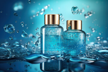 Mock-up of two jars of beauty products with silver shiny lids with blue cream with sequins