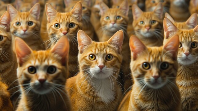 Many copies of exactly the same ginger cat copy cat concept