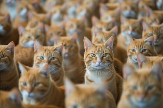 Many copies of exactly the same ginger cat copy cat concept