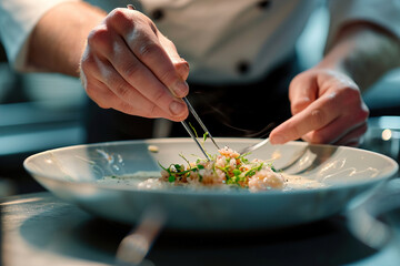 Close-up of a culinary artist using tweezers for precision in plating.