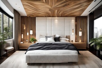 A contemporary bedroom with a ceiling that extends seamlessly into a headboard design