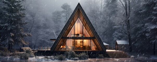 Timber cabin made from oak wood, with pitched roof and refined architectural details, hidden in forest, minimal design and architecture, misty atmosphere with snow. - obrazy, fototapety, plakaty