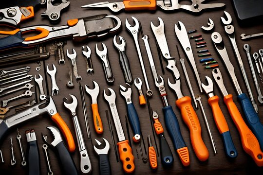 A high-quality image of a meticulously organized toolbox, showcasing various wrenches, screwdrivers, and pliers neatly arranged.
