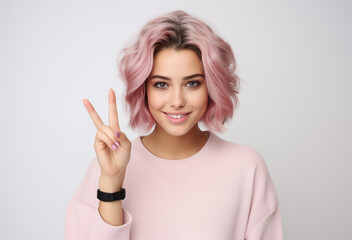 Young beautiful brunette woman with pink hair and wearing a pink sweater smiling and showing peace sign isolated on white background