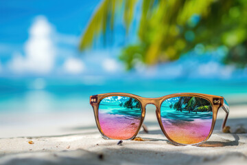 Stylish sunglasses with mirrored lenses, capturing the vibrant colors of a tropical beach scene