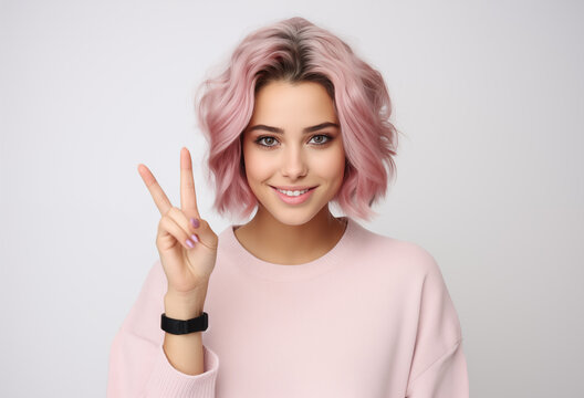 Young beautiful brunette woman with pink hair and wearing a pink sweater smiling and showing peace sign isolated on white background