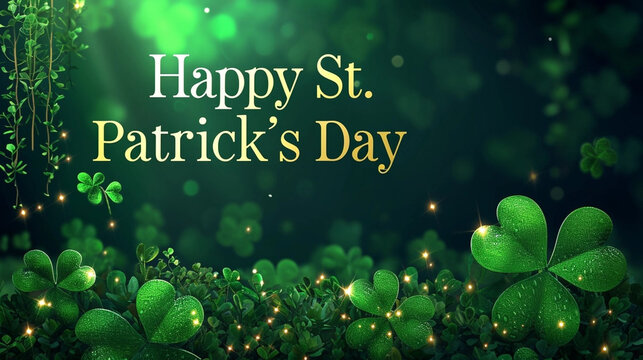 copy space, abstract illustration to the day of saint Patrick, banner with text " Happy St. Patrick's Day", four-leaf clover in the background.  Design for St. Patrick’s Day poster, background, napkin