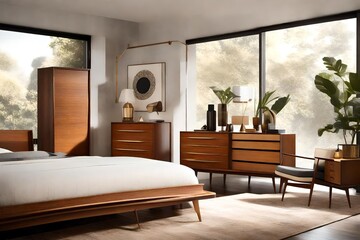 Mid-century modern bedroom with iconic furniture, clean lines, and retro accents.