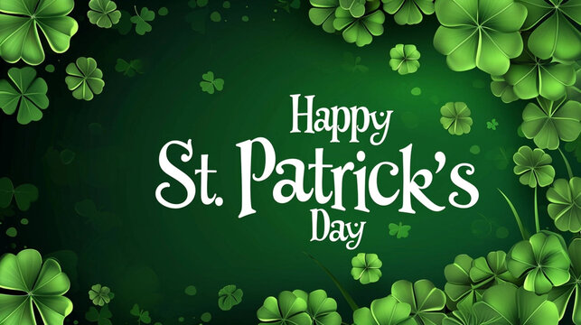 copy space, abstract illustration to the day of saint Patrick, banner with text " Happy St. Patrick's Day", four-leaf clover in the background.  Design for St. Patrick’s Day poster, background, napkin