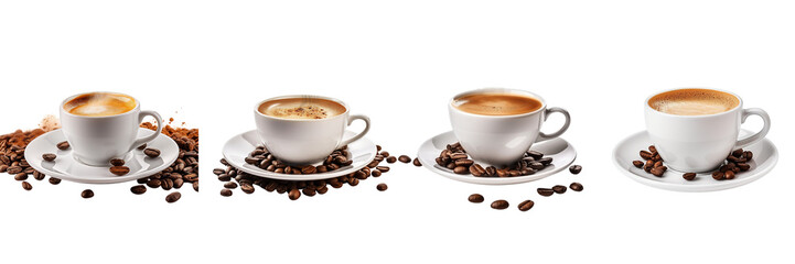 Set of Cup of hot aromatic espresso coffee on transparent or white background, side view