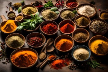 A colorful assortment of spices and herbs arranged in small bowls for a cooking session.