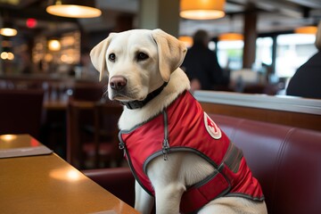 Service dog with a solemn expression wears a red vest in a diner booth