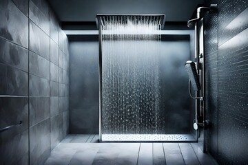 A well-lit shower stall with water droplets clinging to the tiles, capturing the essence of a refreshing shower. - obrazy, fototapety, plakaty