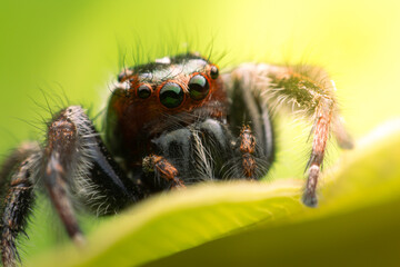 Spiders jumping on leaves. Captured with a close-up macro, the details of the little spider are...