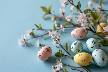 Obraz premium Colorful Speckled Easter Eggs Adorned With Spring Blossoms on a Pastel Blue Background