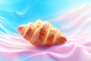 Obraz na płótnie Canvas Close up of delicious mouth-watering croissant on fantastic background with fluffy pink clouds. Generative AI.