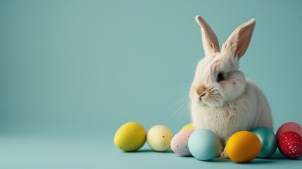 Fototapeta na wymiar Adorable Bunny Surrounded by Colorful Easter Eggs on a Pastel Blue Background