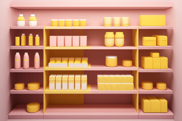 Pink cabinet with shelves and varios mockups of beauty products without labels. Generated by AI.