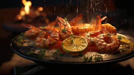 sizzling hot plate of shrimp with lemon