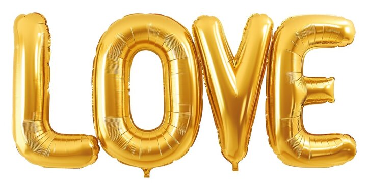 The word love is made out of gold foil balloons