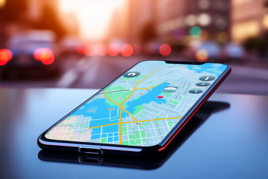 Smartphone navigator with the image of a map of the city lies on the dashboard of a car. AI generated.