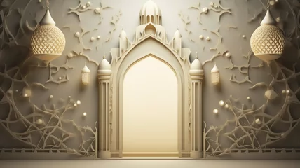 Fotobehang Islamic banner, mockup with golden gate, crescent moon and arabic lanterns. Vector illustration style. © serperm73