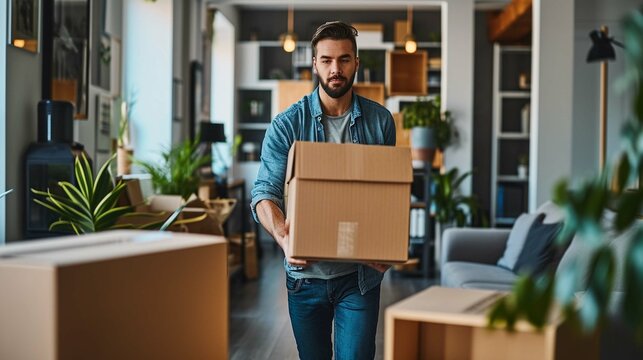 Man with box moving in a new apartament