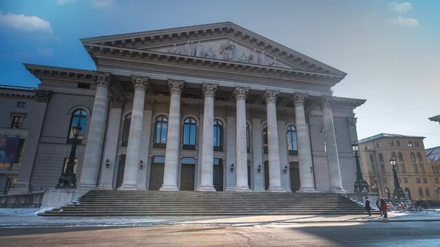 Time Lapse Munich Opera House and Max-Joseph-Platz square in Munich. National Theatre, Bayerische Staatsoper. Hyperlapse Video at night, munich night germany city time lapse footage.