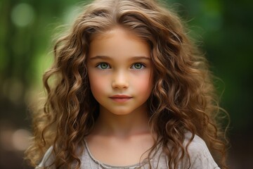 Fototapeta premium Beautiful Portrait of a Charming Little Girl with Gorgeous Curly Long Hair and Blue Eyes