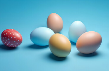Easter eggs painted in different colors lie on a blue background