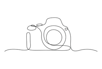 Continuous one line drawing of camera. Camera simple line art vector illustration for logo, print, poster, banner in minimalist design. Pro vector.