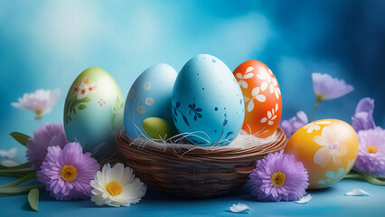 Multicolored Easter eggs with patterns in a cup on a blue background