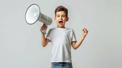  Happy preteen boy shouting into megaphone making announcement. Full length portrait of happy boy in white shirt and jeans holding megaphone screaming into empty space over isolated background