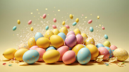 Fototapeta na wymiar Colorful Easter eggs flying through the air