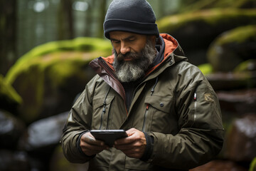 Bearded man in dark-green jacket and knitted hat looking attentively at tablet screen