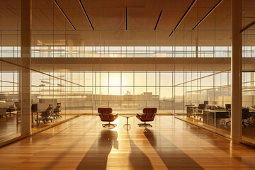 Sunset Serenity: Modern Office with Glass Walls and Warm Tones