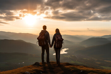 Young couple of travelers with large backpacks are standing on hill. - obrazy, fototapety, plakaty