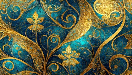 thai art pattern.a captivating wallpaper featuring a mystical shimmering pattern in a harmonious blend of gold and azure blue. The design should convey a sense of magic and intrigue, adding a touch of