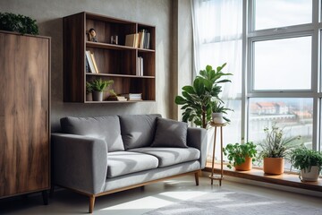 A cozy living room with a large window, plants, and a gray couch